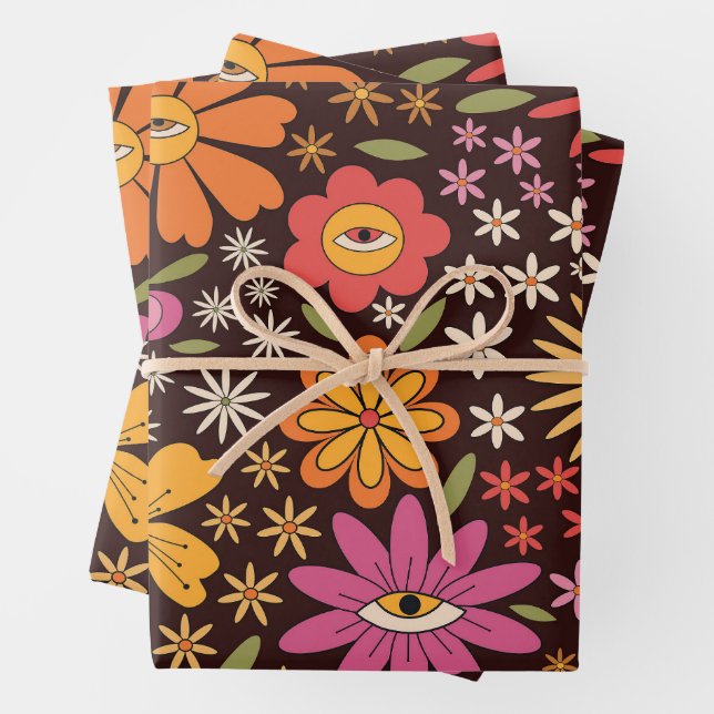 Hippie Psychedelic 70s Groovy Flowers Eye Pattern  Wrapping Paper Sheet (In situ)