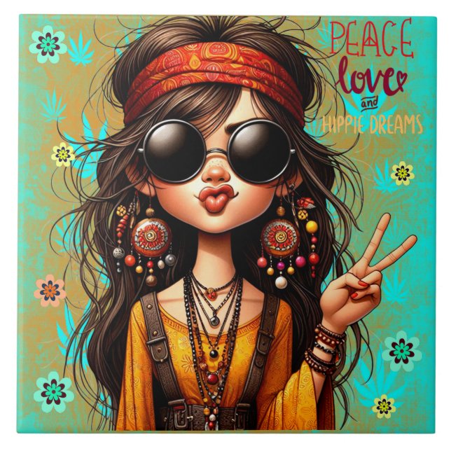 Hippie Quirky Peace & Love Ceramic Tile (Front)
