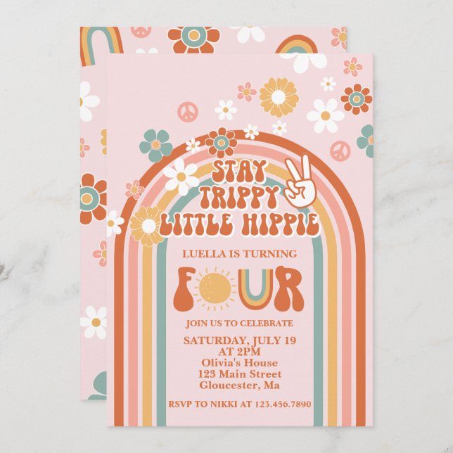 Hippie Rainbow 4th Birthday Invitation (Front/Back)