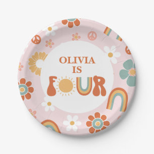 Hippie Rainbow Groovy 4th Birthday Paper Plate
