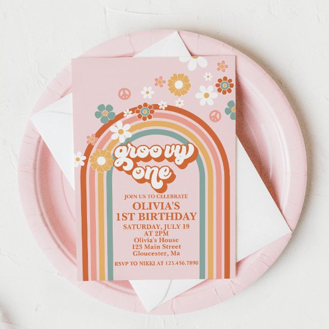 Hippie Rainbow Groovy One 1st Birthday Invitation (Creator Uploaded)