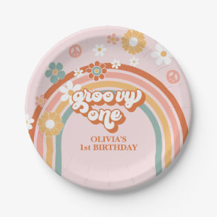 Hippie Rainbow Groovy One 1st Birthday Paper Plate