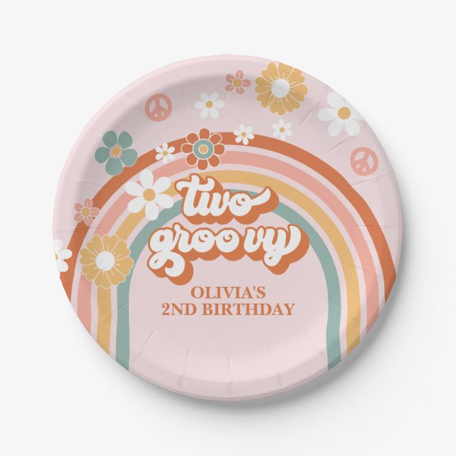 Hippie Rainbow Two Groovy 2nd Birthday Paper Plate (Front)