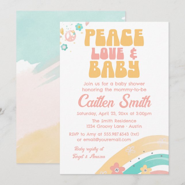 Hippie Retro Baby Shower Groovy Pastels Peace Love Invitation (Front/Back)