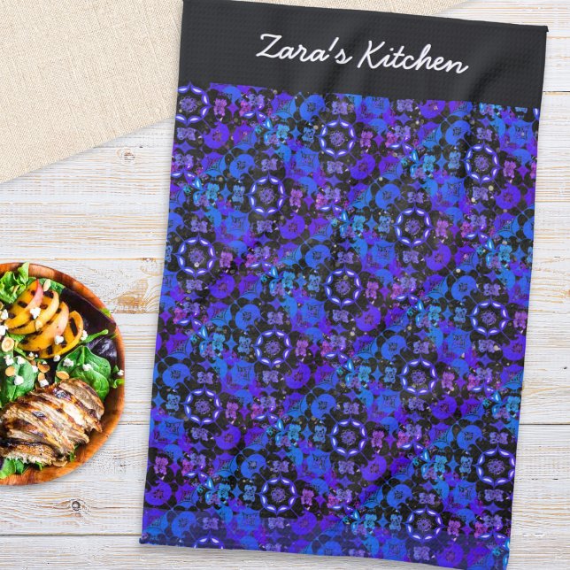 Hippie Retro Pattern Blue Purple Personalised Tea Towel (A personalized kitchen tea towel, with retro hippie pattern in blue, purple, black and white)