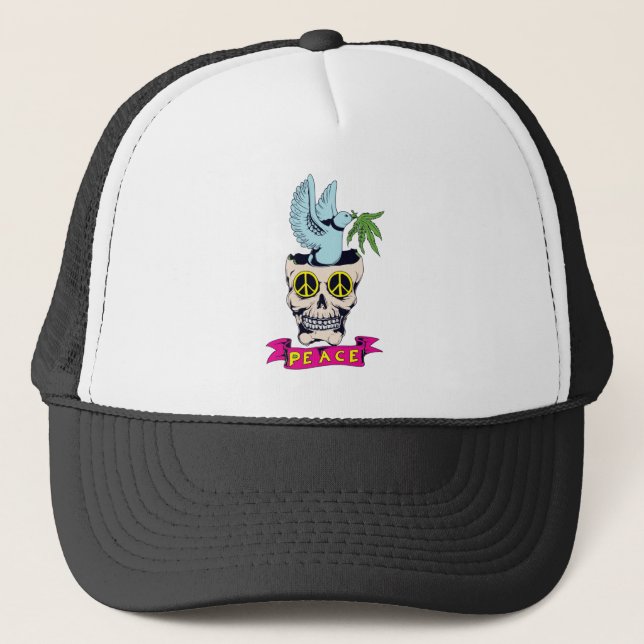 hippie retro peace skull vector art trucker hat (Front)