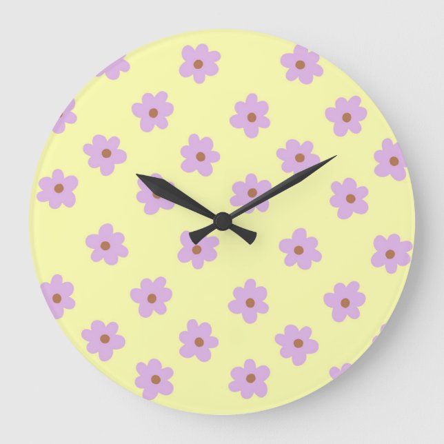 Hippie Retro Purple Yellow Flower Y2K Pattern Large Clock (Front)