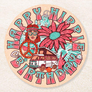 Hippie Retro Vintage Colours Birthday Round Paper Coaster