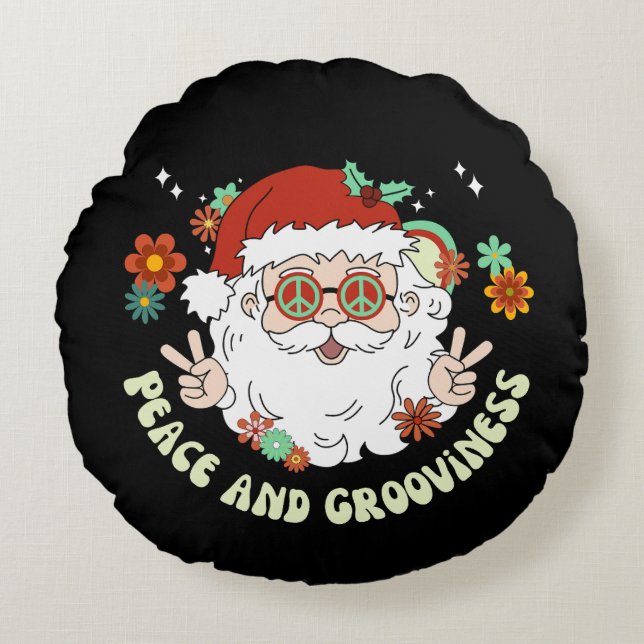 Hippie Santa Claus Peace and Grooviness Christmas Round Cushion (Front)