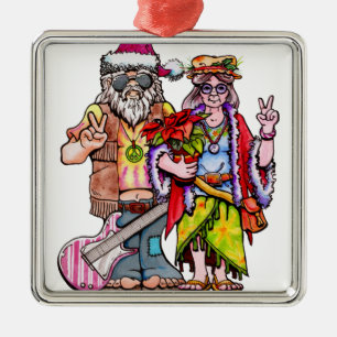 Hippie Santa Couple Metal Ornament