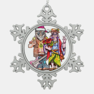 Hippie Santa Couple Snowflake Pewter Christmas Ornament