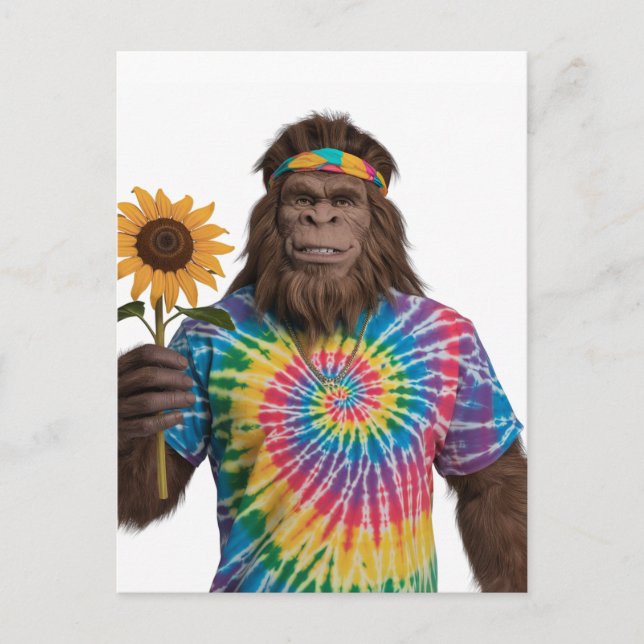 Hippie Sasquatch in Tiedye With Sunflower Postcard (Front)
