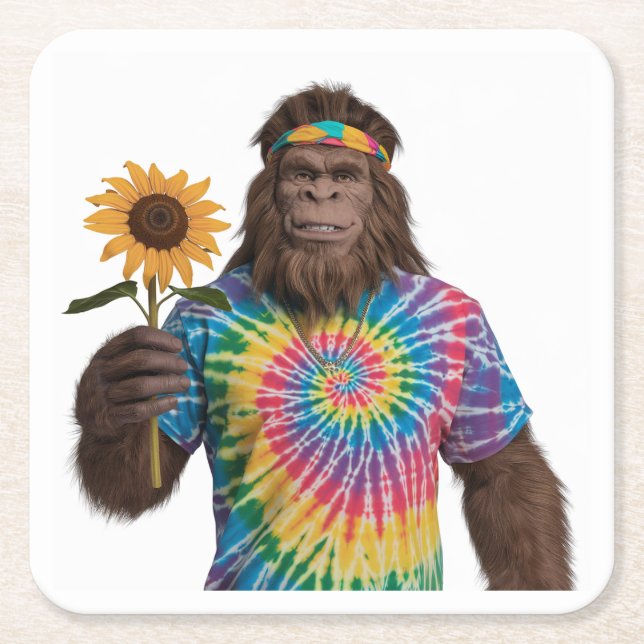 Hippie Sasquatch in Tiedye With Sunflower Square Paper Coaster (Front)