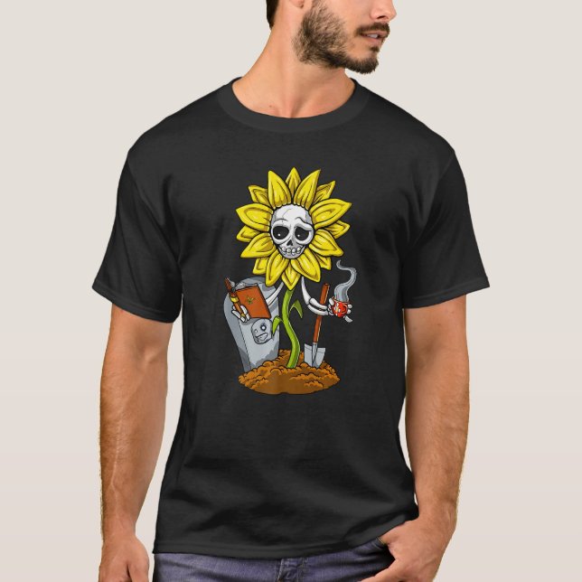 Hippie Skull Sunflower Skeleton Drinking Coffee Fl T-Shirt (Front)