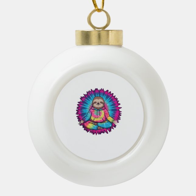 Hippie Sloth Peace Sign Tie-Dy Ceramic Ball Christmas Ornament (Front)