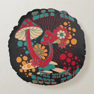 Hippie Soul Trip Summer Vintage Mushroom Round Cushion