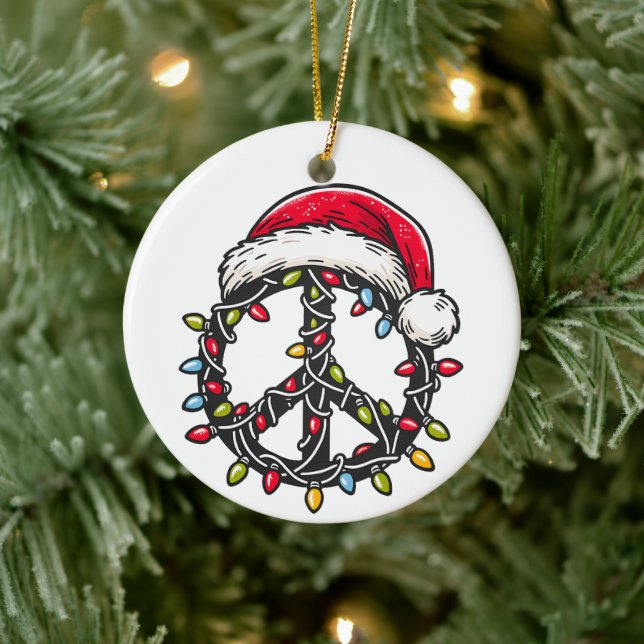 Hippie Style Peace Symbol Groovy Santa Christmas Ceramic Ornament (Tree)