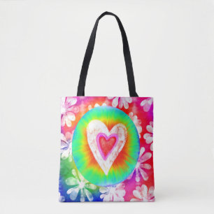 Hippie style tie dye Heart tote bag