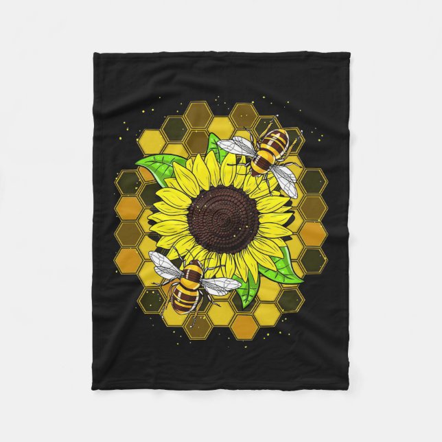 Hippie Sunflower Bees Fleece Blanket (Front)