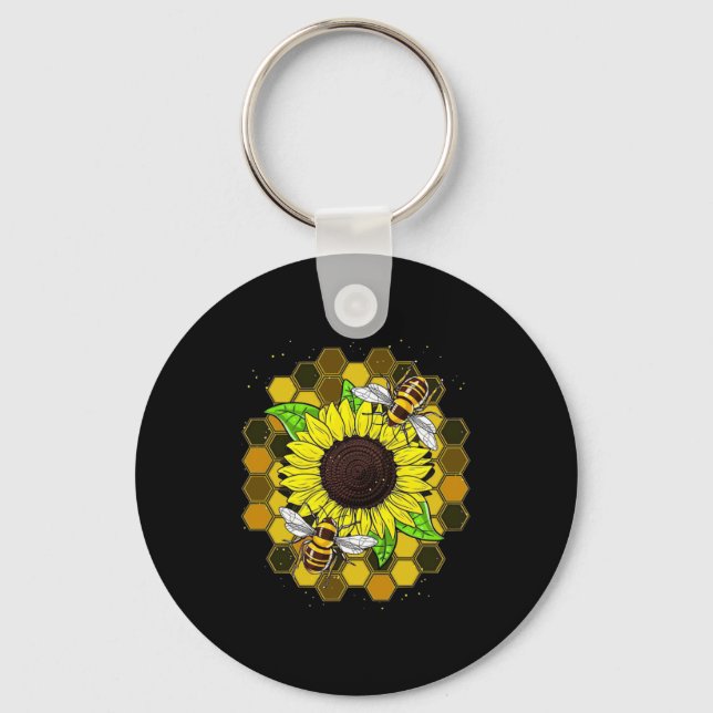 Hippie Sunflower Bees Key Ring (Front)