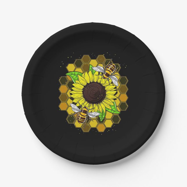 Hippie Sunflower Bees Paper Plate (Front)