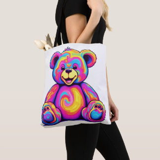 Hippie Teddy Bear Rainbow Psychedelic Bright Color Tote Bag