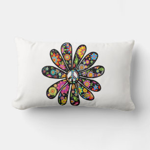Hippie Trippy Flower Power Peace Sign Floral Lumbar Cushion