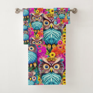 Hippie Trippy Psychedelic Colourful Owl Bath Towel Set