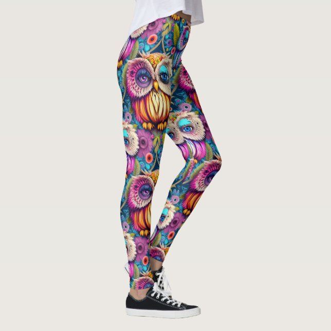 Hippie Trippy Psychedelic Colourful Owl  Leggings (Right)