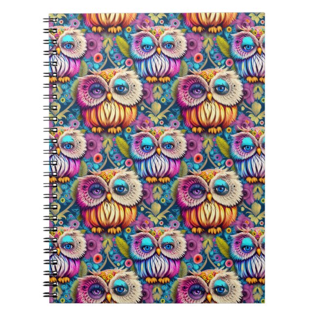 Hippie Trippy Psychedelic Colourful Owl  Notebook (Front)