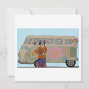 Hippie Tuxedo Cat with Flower Child Van Invitation