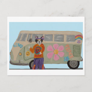 Hippie Tuxedo Cat with Flower Child Van  Postcard
