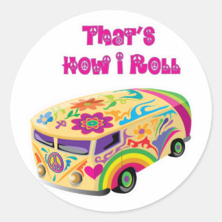 hippie van retro how i roll classic round sticker