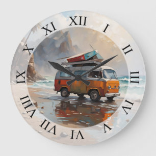 Hippie Van Seascape Traveller Mood Art Large Clock