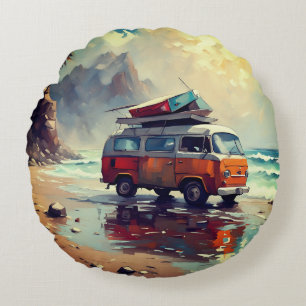 Hippie Van Seascape Traveller Mood Art  Round Cushion