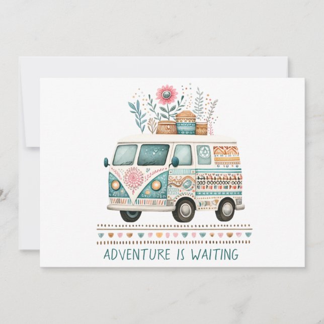 hippie van with flowers invitation (Front)