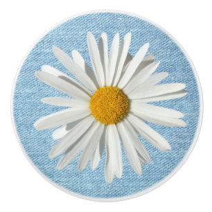 Hippie White Daisy Flower Blossom Pale Blue Denim Ceramic Knob
