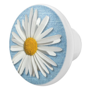Hippie White Daisy Flower - Trendy Fashion Denim Ceramic Knob