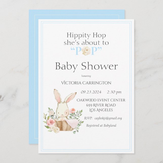 Hippity Hop Bunny Blue Modern Baby Shower Invitation (Front/Back)