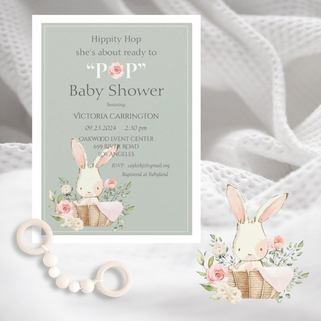 Hippity Hop Bunny Rabbit Modern Baby Invitation (Creator Uploaded)