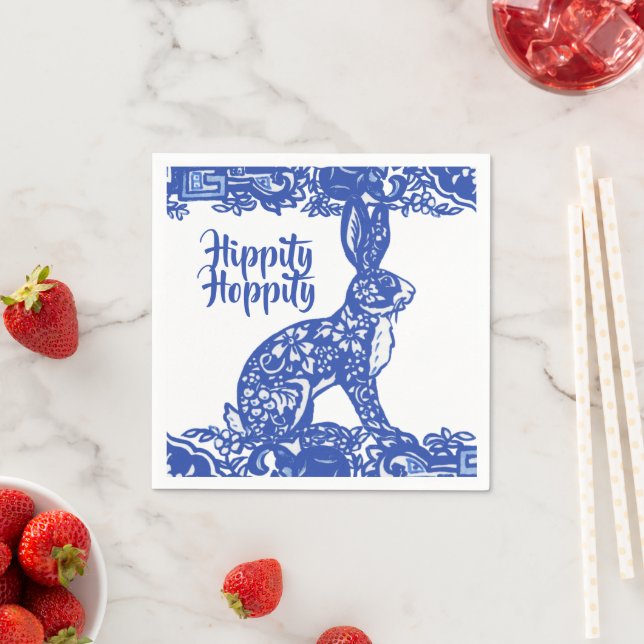 Hippity Hoppity Bunny Rabbit Blue Willow Easter Napkin (Insitu)