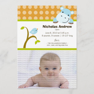 Hippo and Birdie Baby Birth Announcement (orange)