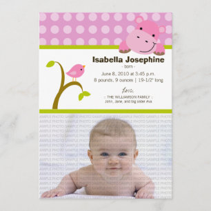 Hippo and Birdie Baby Birth Announcement (pink)