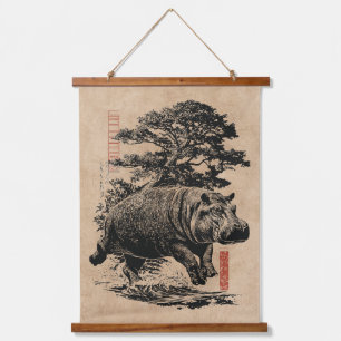 Hippo and Bonsai Tree Wabi Sabi Japandi Art Hanging Tapestry