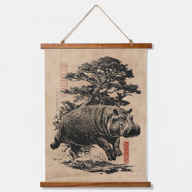 Hippo and Bonsai Tree | Wabi Sabi Japandi Art Hanging Tapestry (Front)
