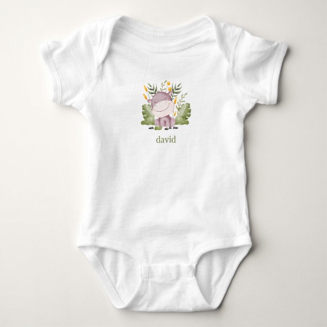 Hippo and Foliage Boy’s Personalised Baby Bodysuit (Front)