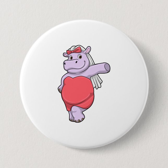 Hippo as Bride with Veil & Bow 7.5 Cm Round Badge (Front)