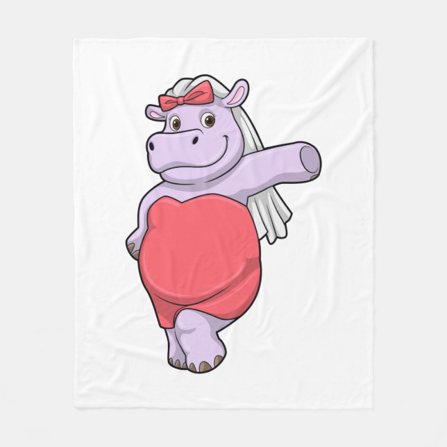 Hippo as Bride with Veil & Bow Fleece Blanket (Front)