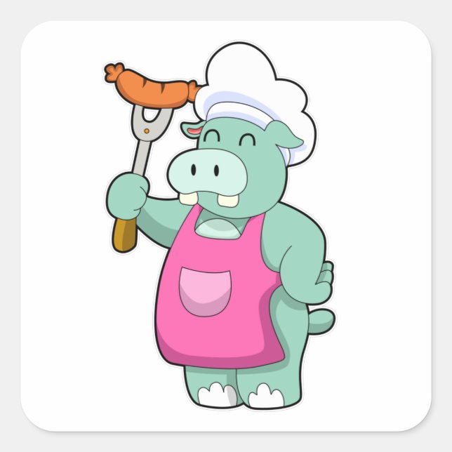 Hippo as Cook with Sausage Square Sticker (Front)