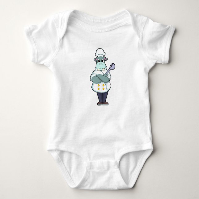 Hippo as Cook with Wooden spoon & Cooking apron Baby Bodysuit (Front)